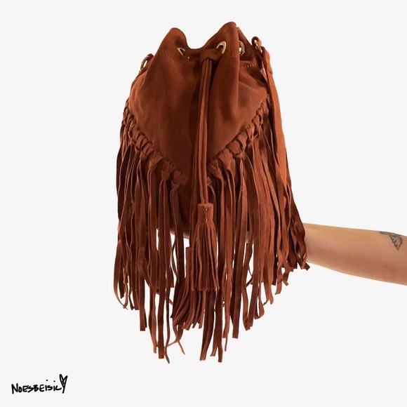 Zara Handbags - Zara Suede Fringe Bohemian Drawstring Bucket Bag